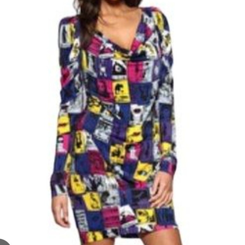 Miss Sixty Mini Dress Sz S Vintage Y2k Pop Art Cowl Neck Puff Sleeves Nwt